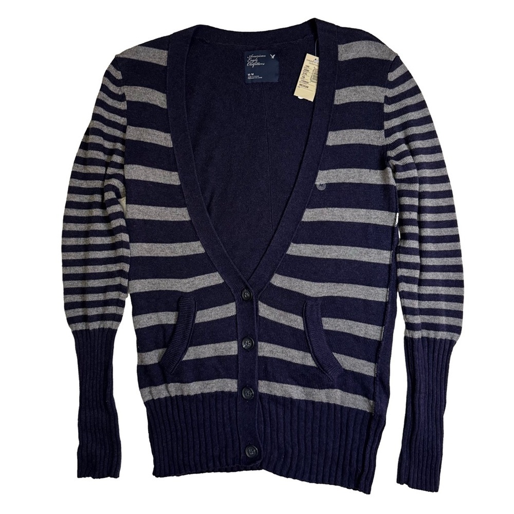 American Eagle Navy and Gray Striped Cardigan Size Medium Button Down Vintage - Picture 3 of 12